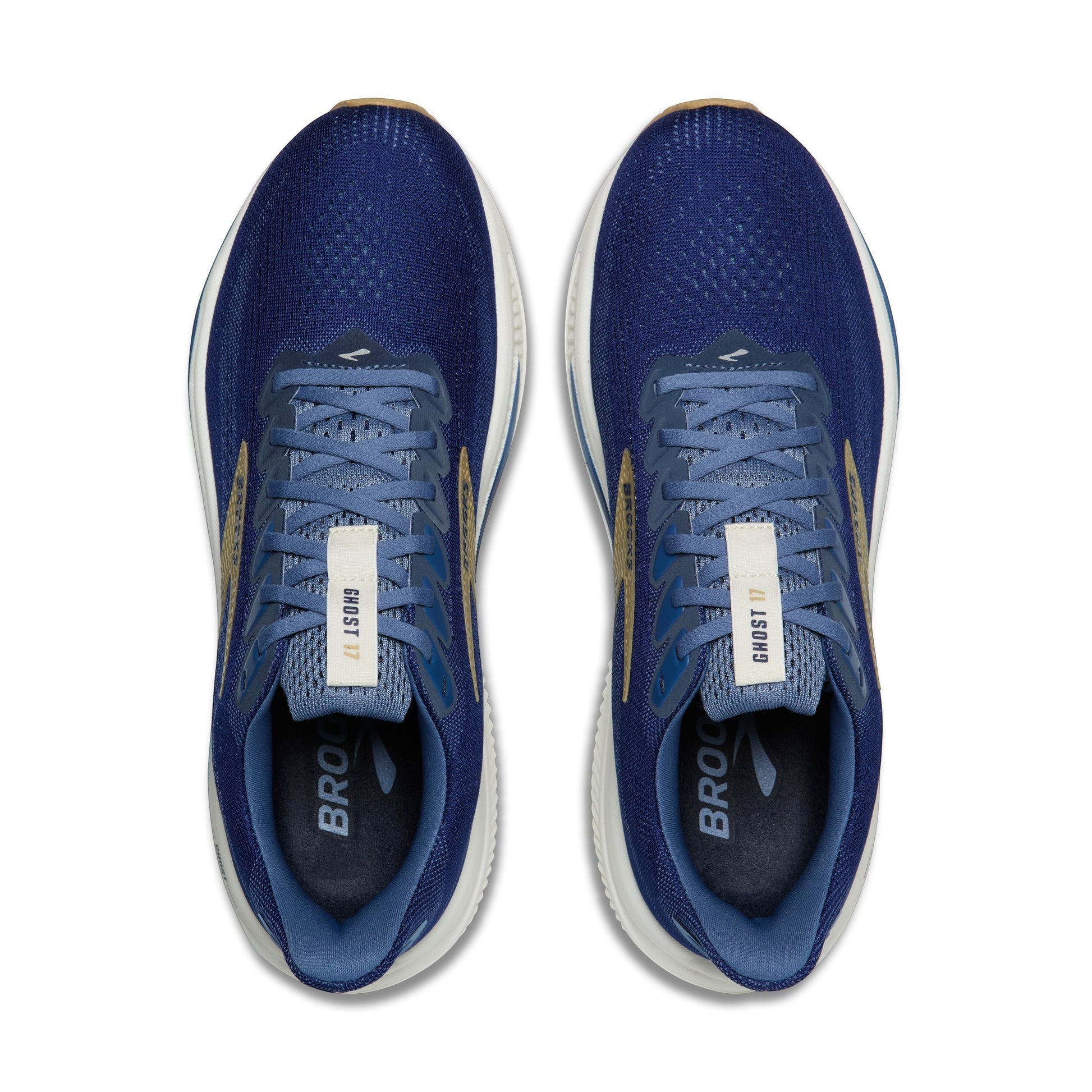 Allen's Bootery Men's Ghost 17 blue mesh running shoes with white soles and gold accents. Certified Carbon Neutral.