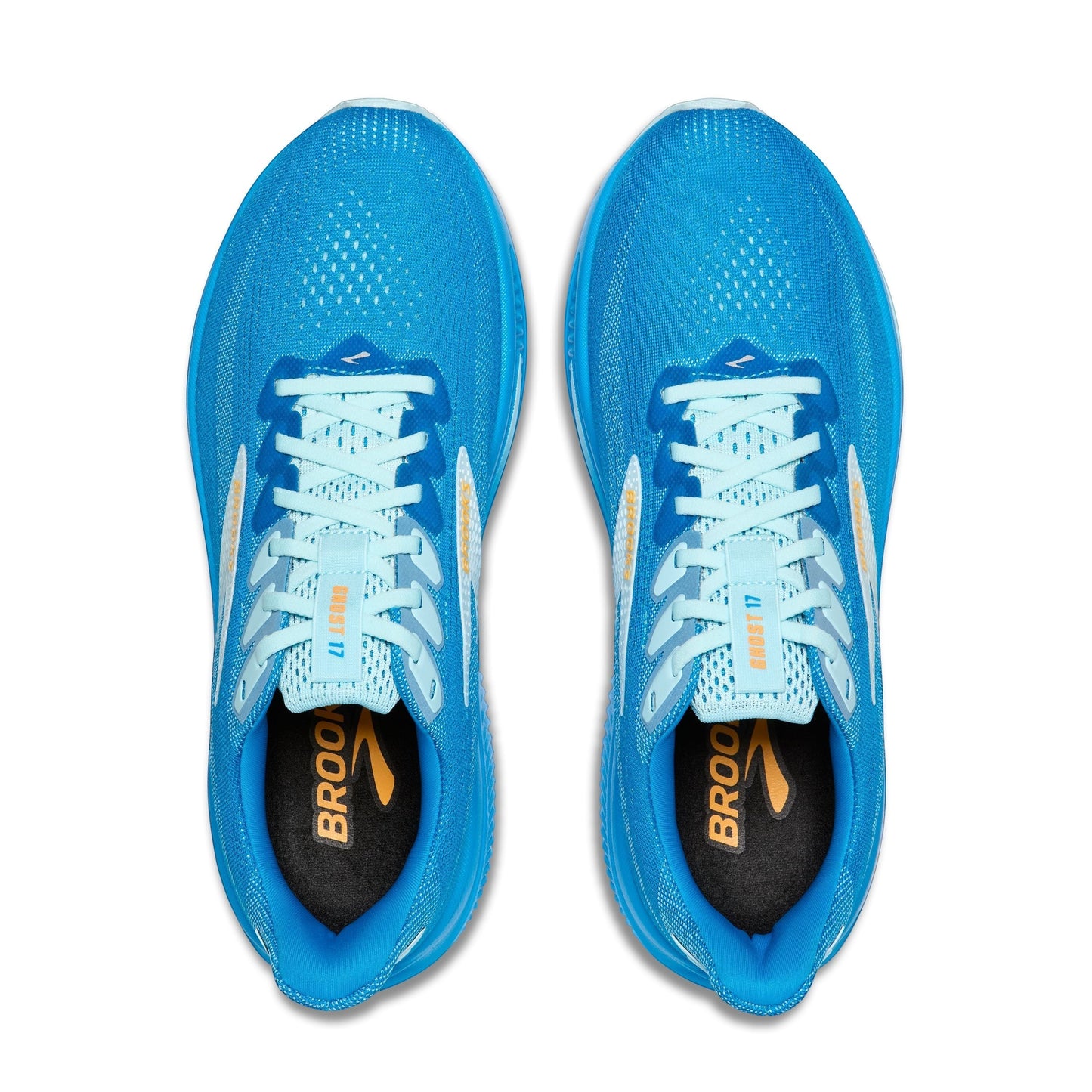Allen's Bootery Men's Ghost 17 running shoes in blue with orange and white accents. Features mesh upper and cushioned sole.