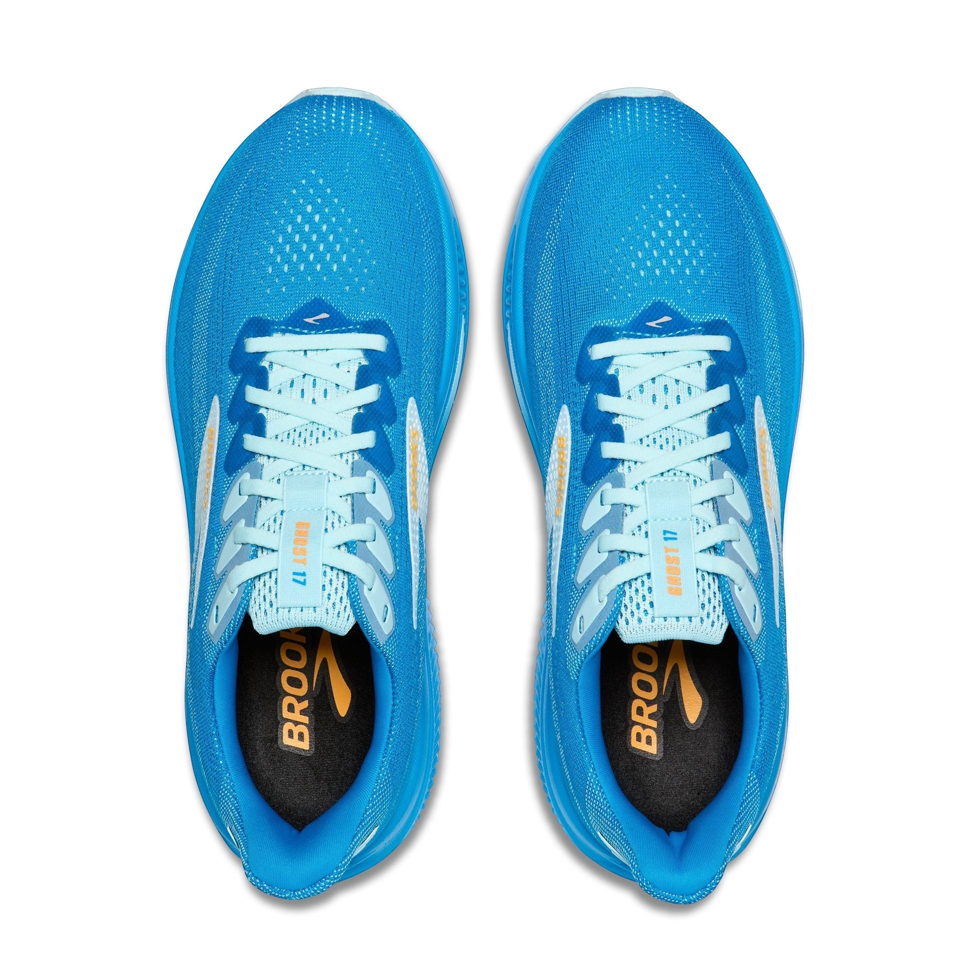 Allen's Bootery Men's Ghost 17 running shoes in blue with orange and white accents. Features mesh upper and cushioned sole.
