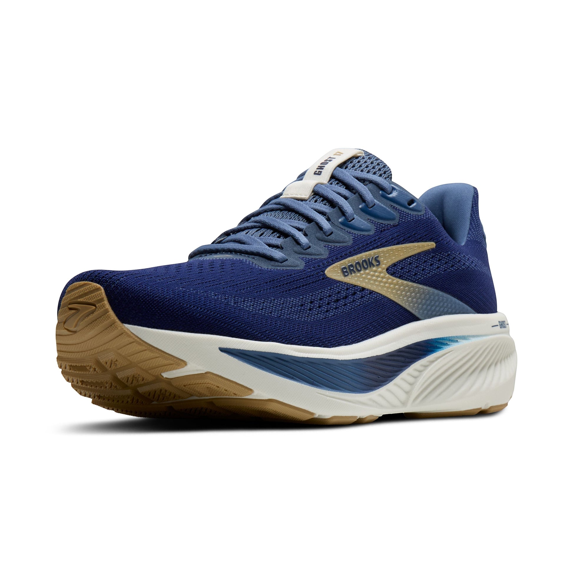 Allen's Bootery Men's Ghost 17 blue and moonlight running shoes with starfish accents. Features increased cushioning and recycled materials.