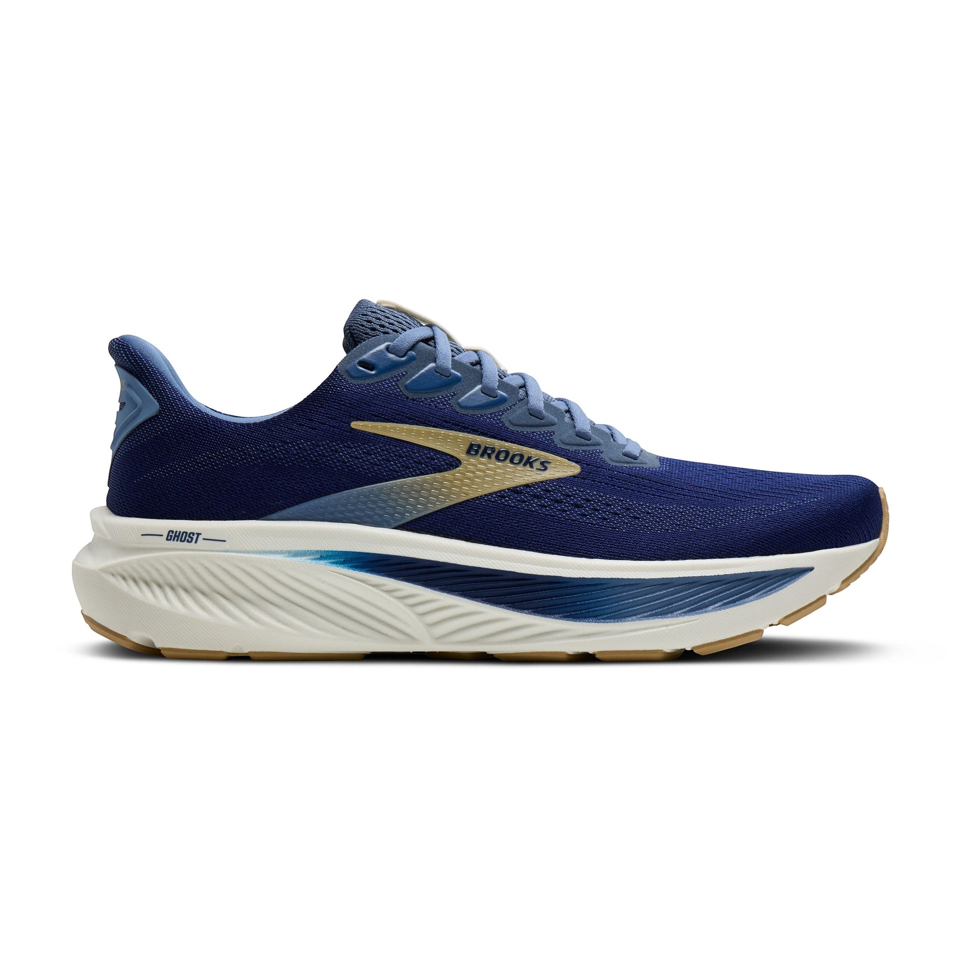 Allen's Bootery Men's Ghost 17 running shoes in blue with moonlight and starfish accents. Features increased cushioning and 59% recycled materials.