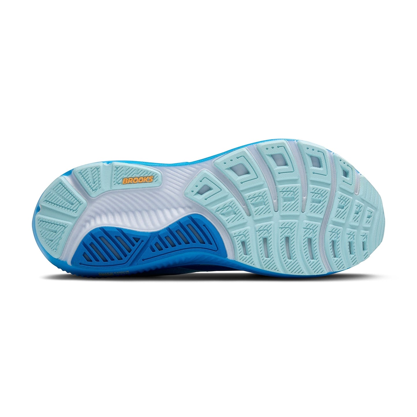 Allen's Bootery Men's Ghost 17 running shoe sole in blue and light blue with orange Brooks logo. Designed for road running.