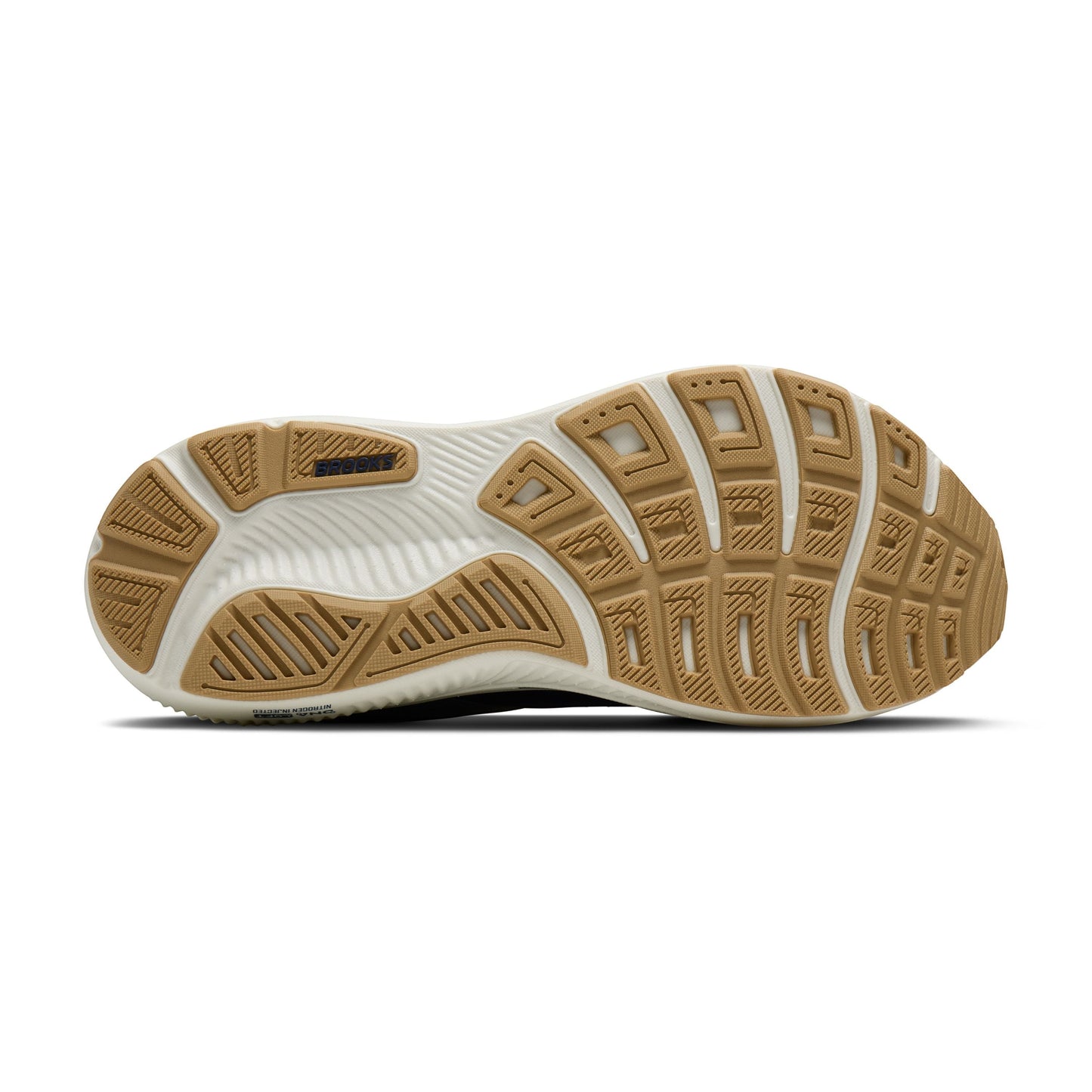 Allen's Bootery Men's Ghost 17 running shoe sole with blue and tan traction pattern and white midsole.