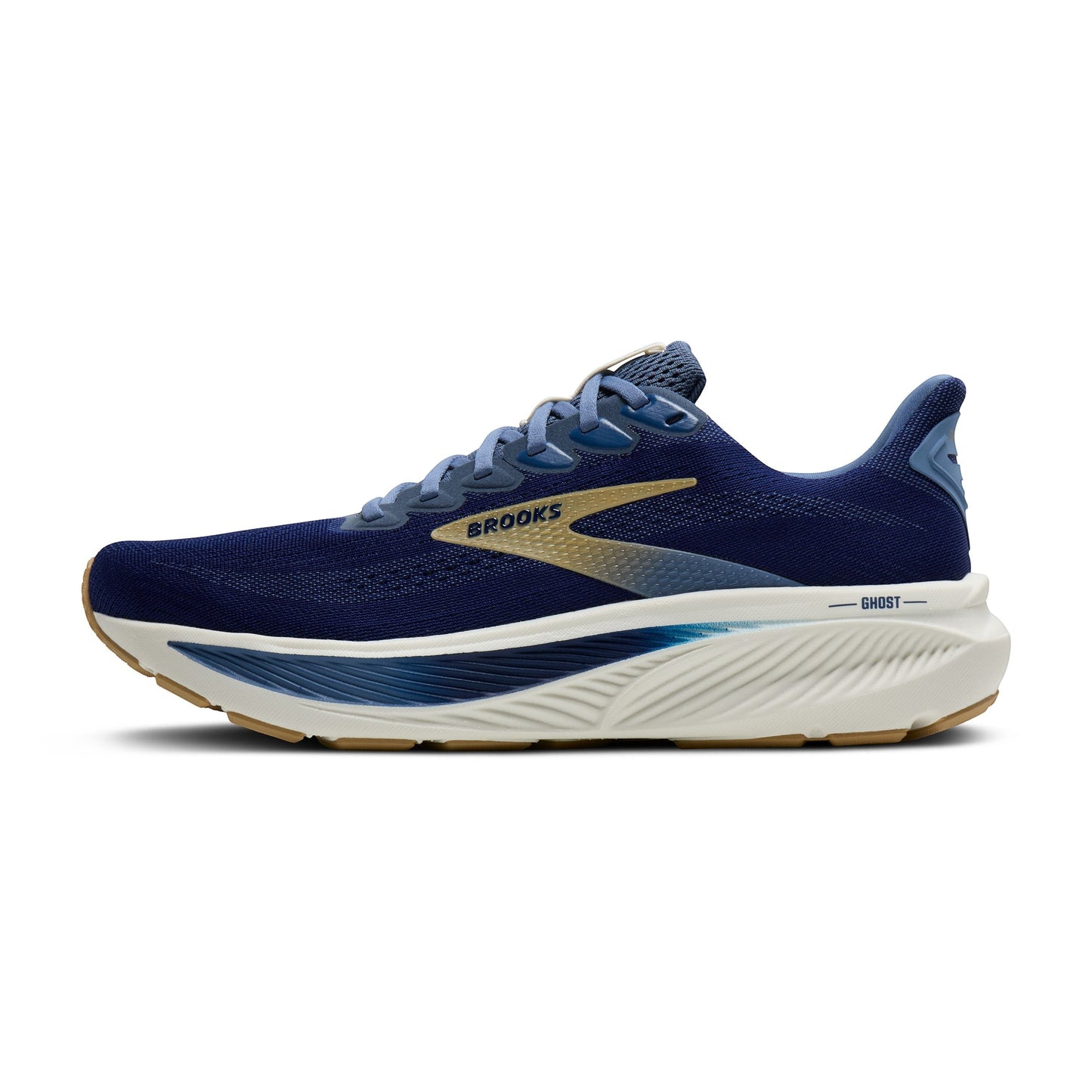 Allen's Bootery Men's Ghost 17 navy blue running shoes with blue and gold accents. Features increased cushioning and 59% recycled materials.