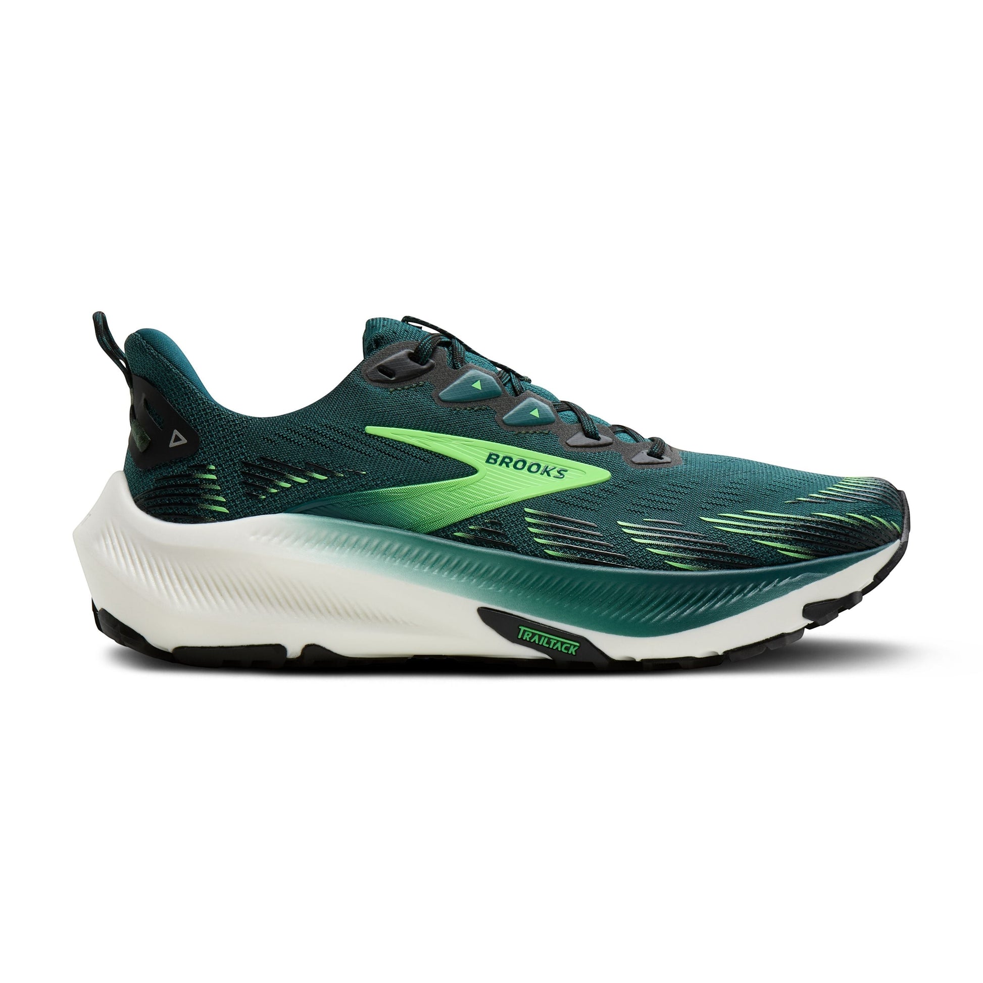 Allen's Bootery Men's Ghost Trail 338 running shoe in Atlantic Deep, black, and green with breathable mesh upper and all-terrain traction.