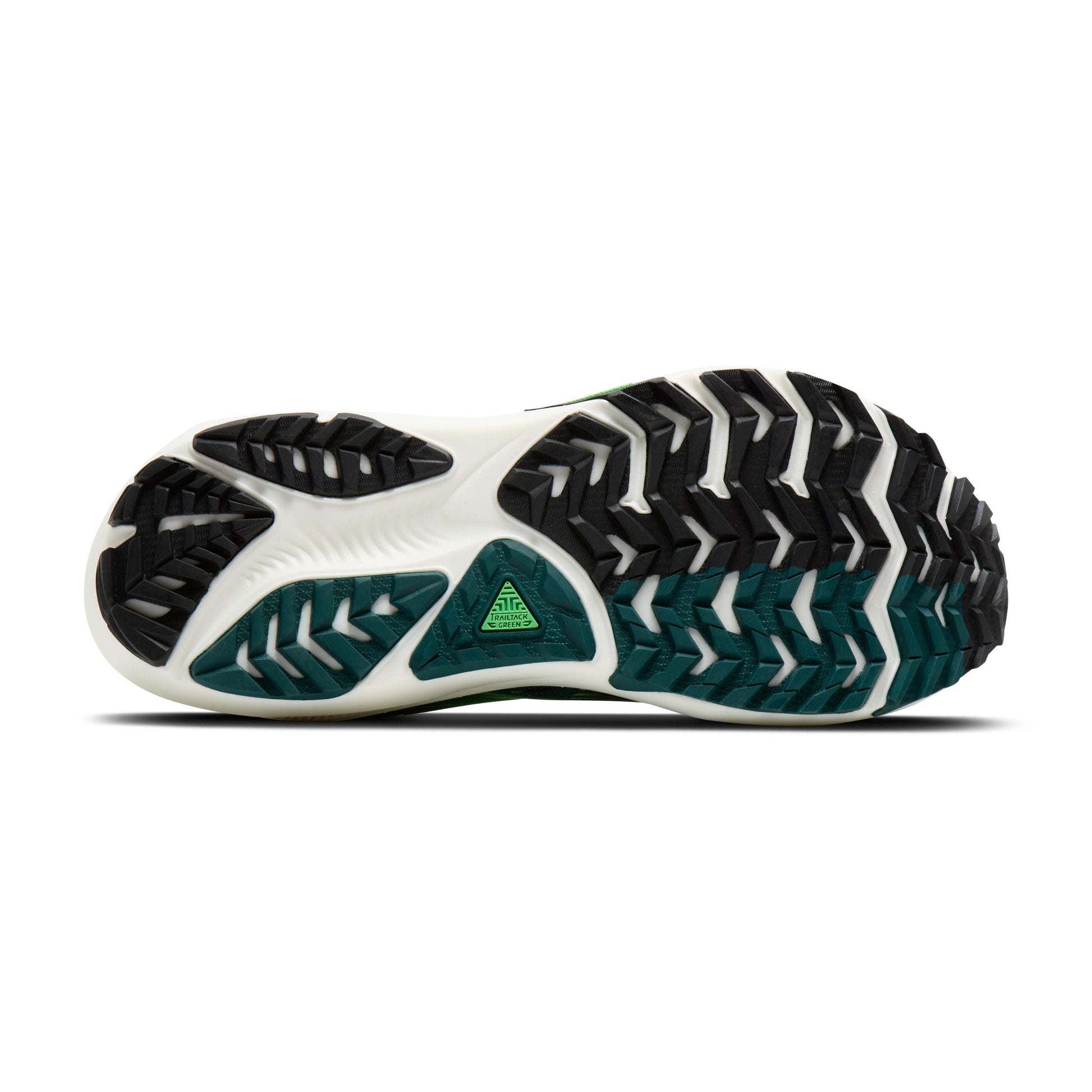 Allen's Bootery Men's Ghost Trail 338 running shoe sole with black, green, and white traction pattern.