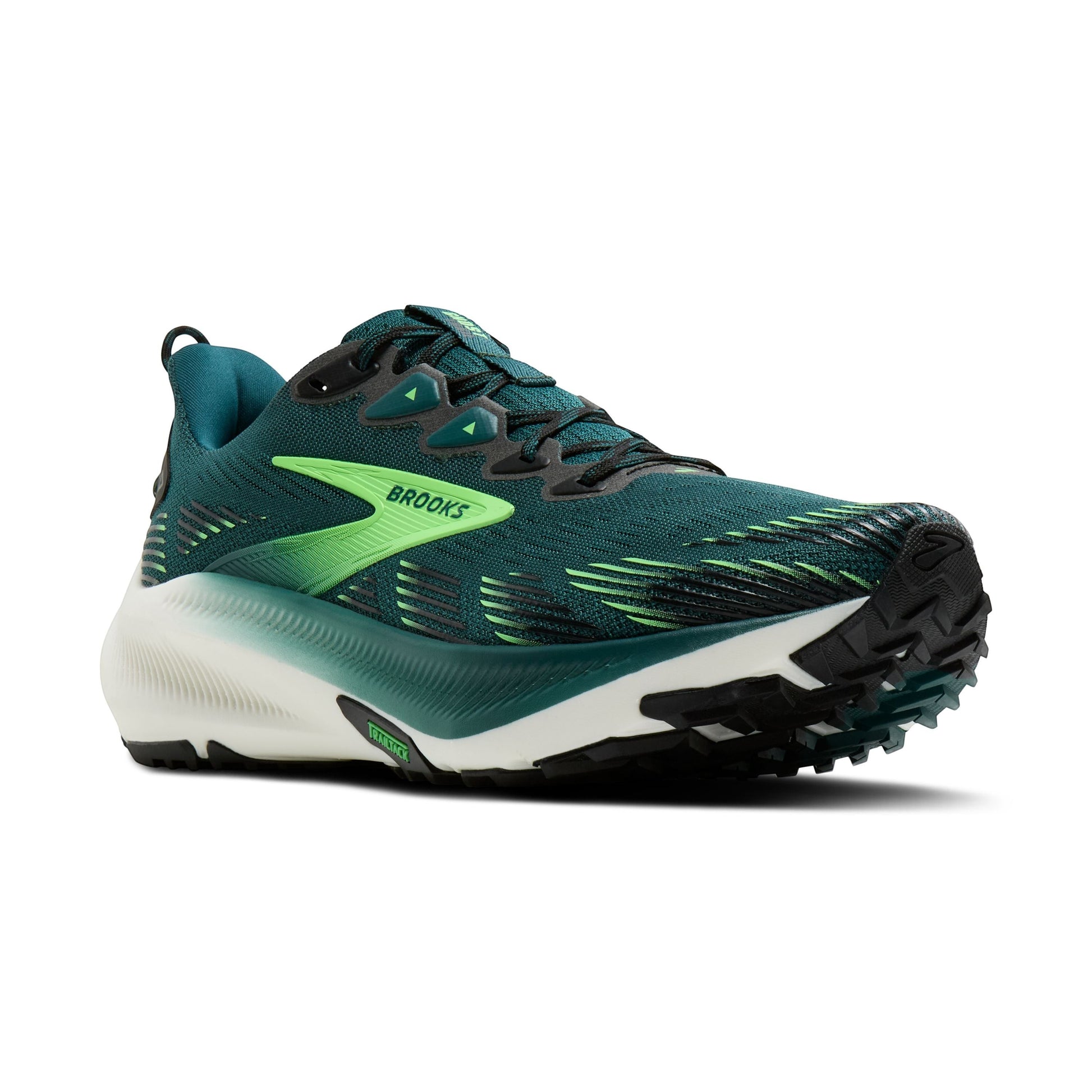 Allen's Bootery Men's Ghost Trail running shoe in Atlantic Deep, black, and green with breathable mesh upper and all-terrain traction.