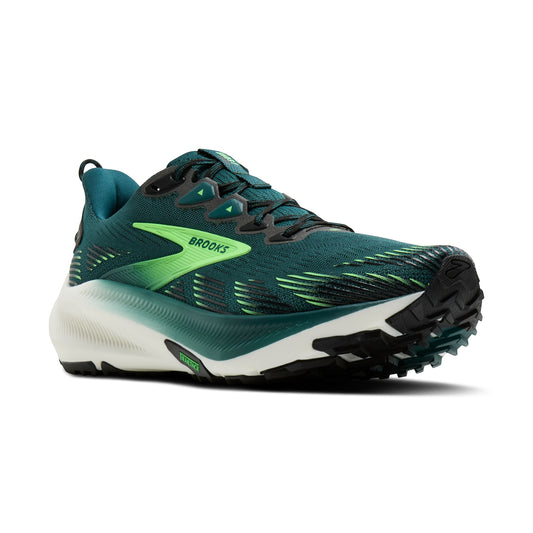 Allen's Bootery Men's Ghost Trail running shoe in Atlantic Deep, black, and green with breathable mesh upper and all-terrain traction.