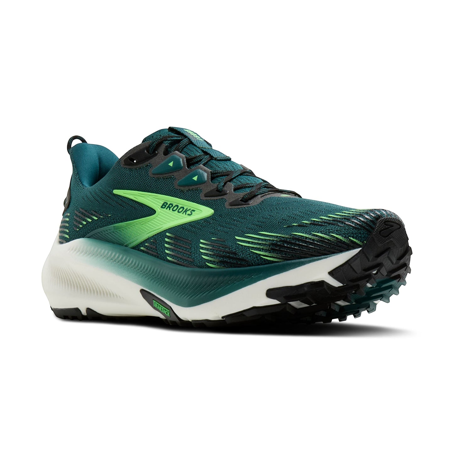 Allen's Bootery Men's Ghost Trail running shoe in Atlantic Deep, black, and green with breathable mesh upper and all-terrain traction.