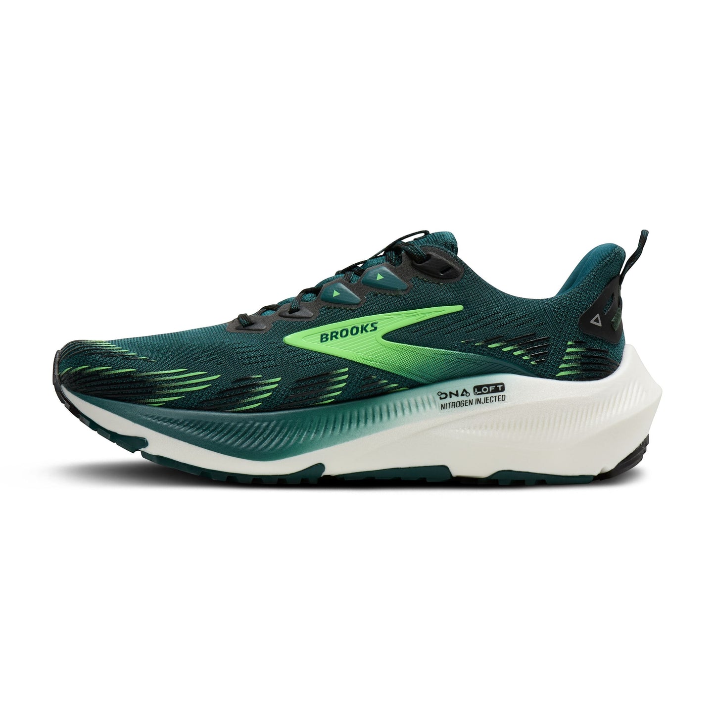Allen's Bootery Men's Ghost Trail running shoe in Atlantic Deep, black, and green with breathable mesh upper and nitrogen-infused cushioning.