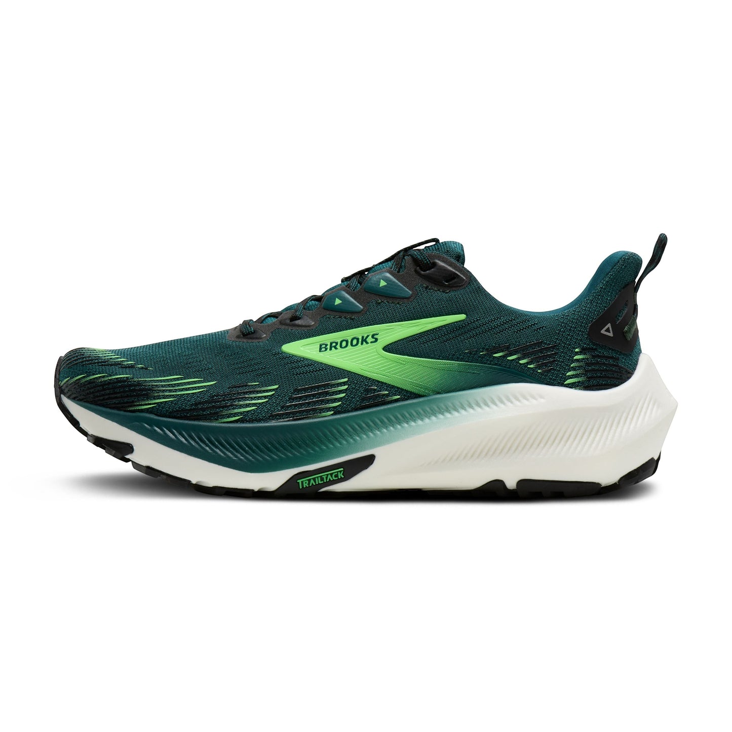 Allen's Bootery Men's Ghost Trail running shoe in Atlantic Deep, black, and green. Breathable mesh upper with dynamic support.