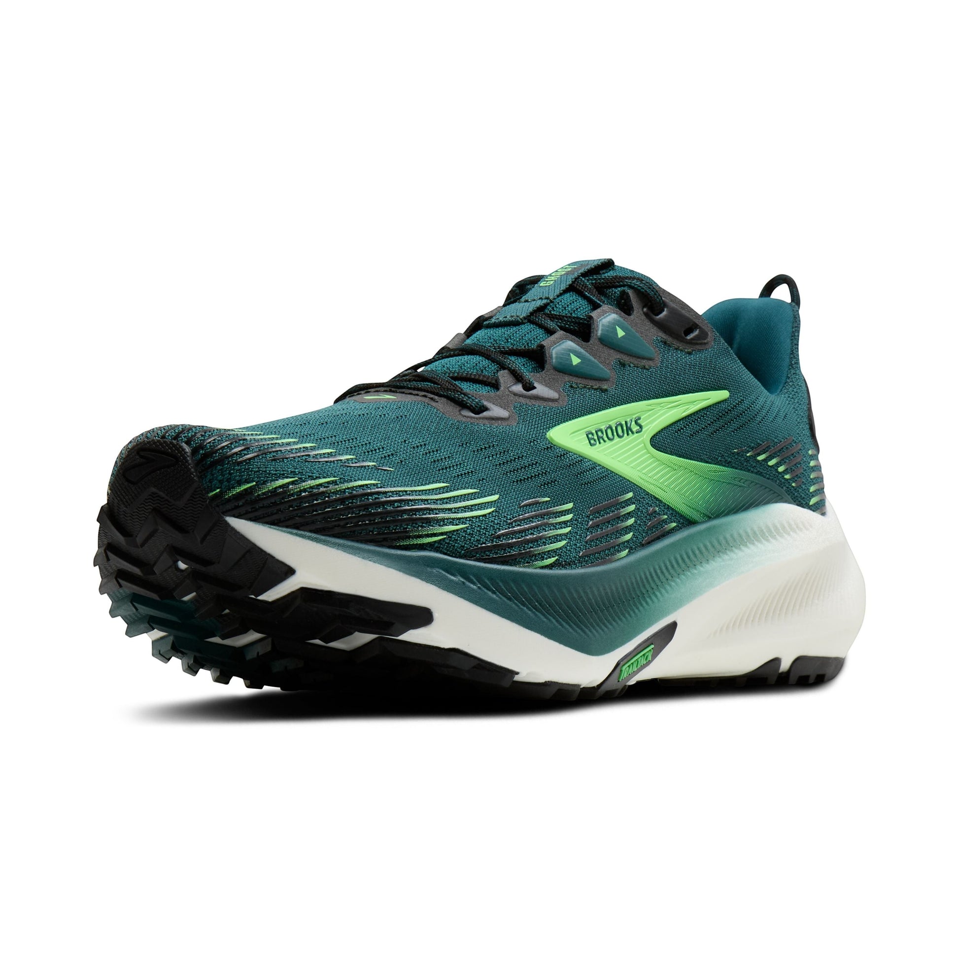 Allen's Bootery Men's Ghost Trail running shoe in Atlantic Deep, black, and green with breathable mesh upper and all-terrain traction.