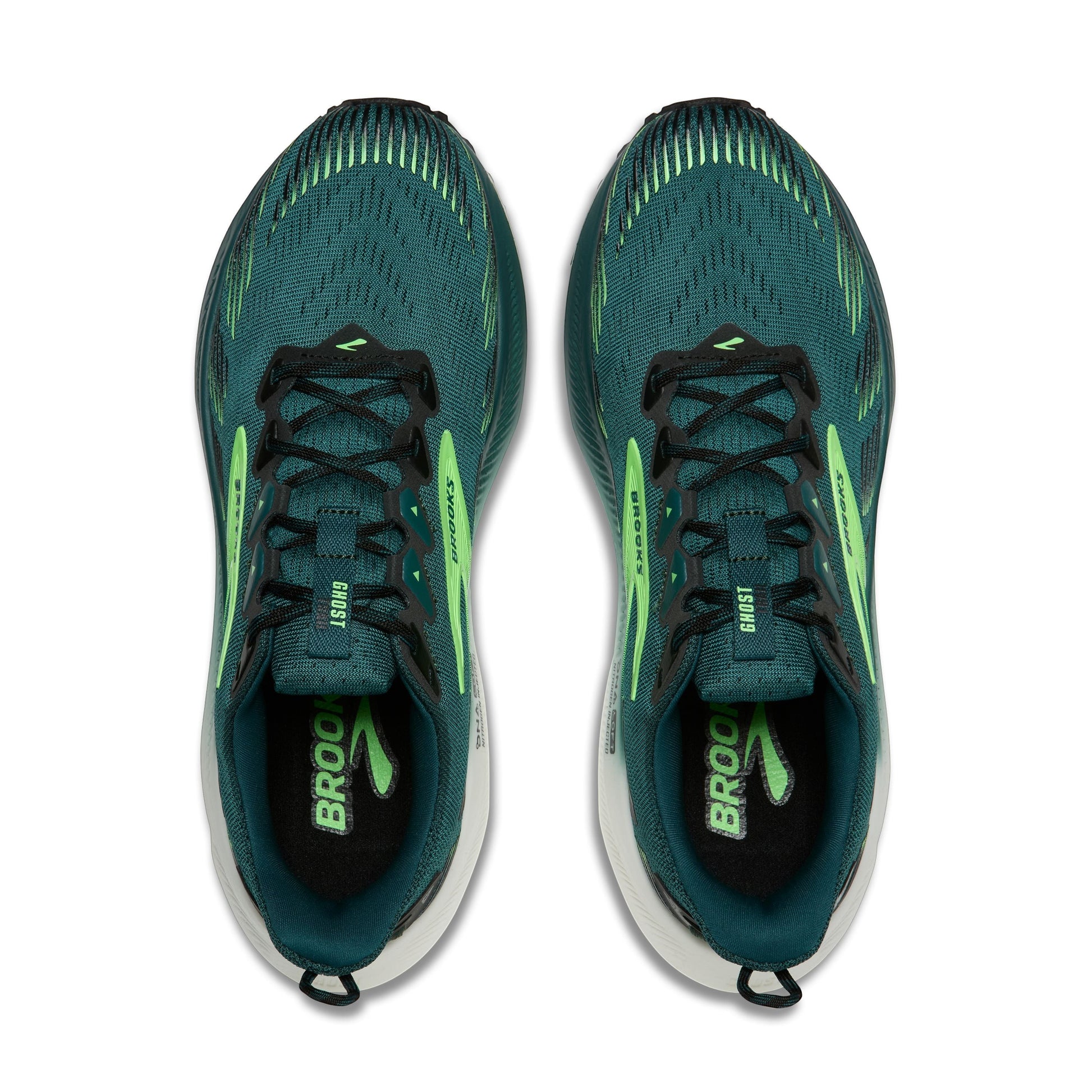 Allen's Bootery Men's Ghost Trail running shoes in Atlantic Deep, black, and green. Breathable mesh upper with neon green accents.