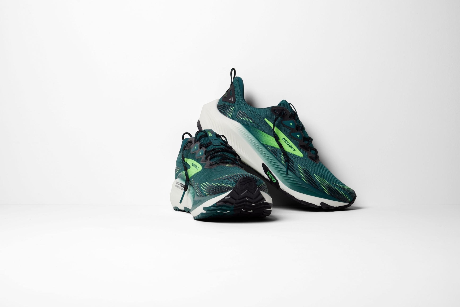 Allen's Bootery Men's Ghost Trail running shoes in Atlantic Deep, black, and green. Breathable mesh upper with dynamic support.