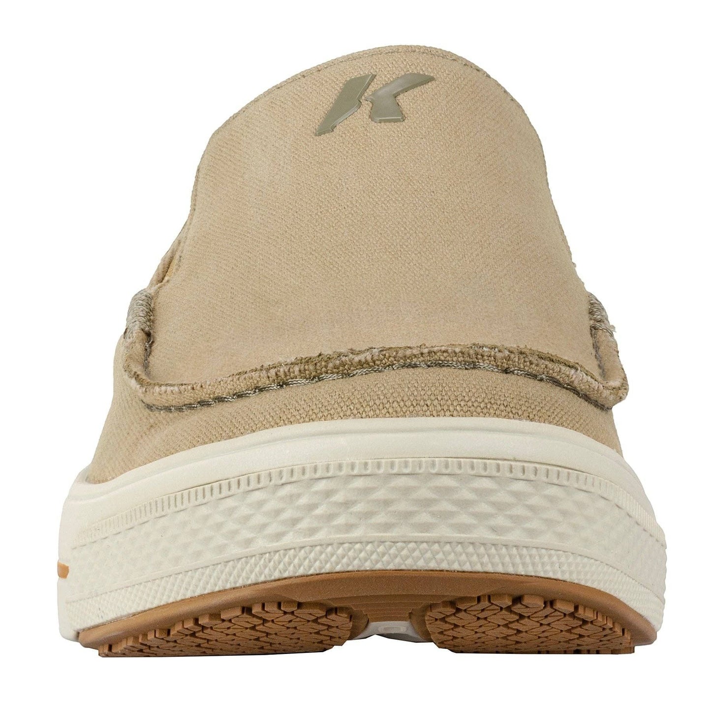 Allen's Bootery Men's tan canvas slip-on boat shoes with fish print insoles and non-marking rubber soles.