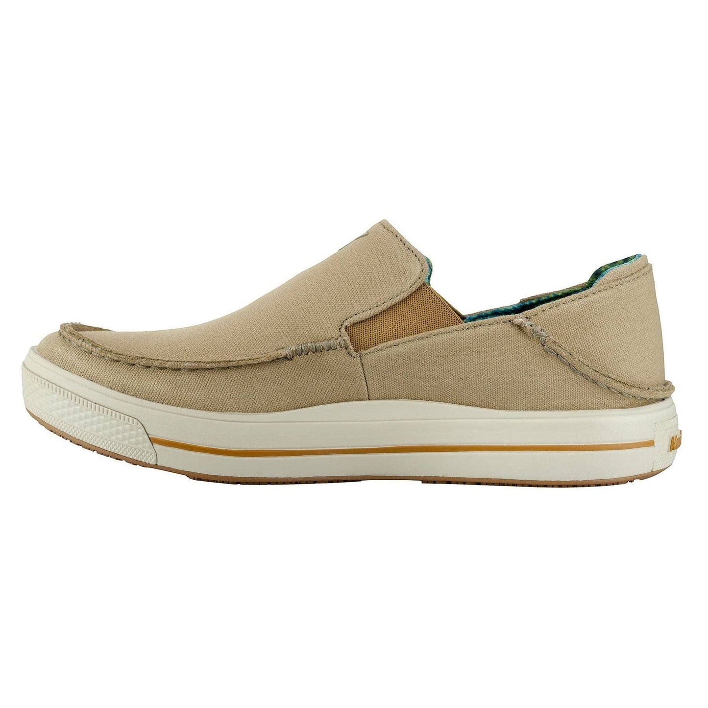 Allen's Bootery Men's Tan Canvas Slip-On Boat Shoes with fish print lining and non-marking rubber sole.