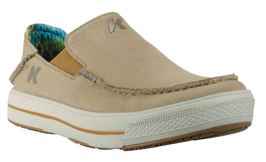 Allen's Bootery Men's tan canvas slip-on boat shoes with fish print lining and non-marking rubber sole.
