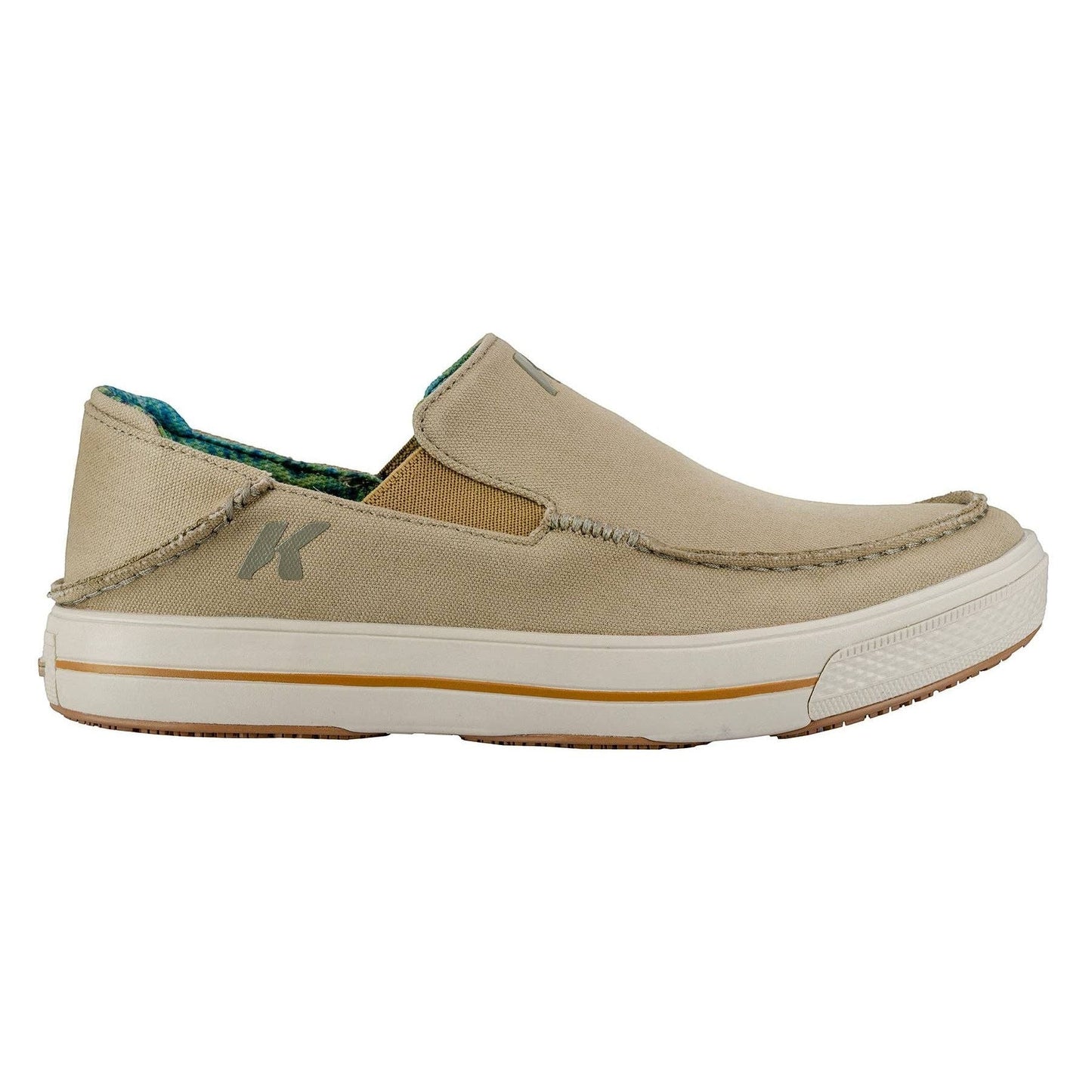 Allen's Bootery Men's tan canvas slip-on boat shoes with fish print lining and non-marking rubber sole.