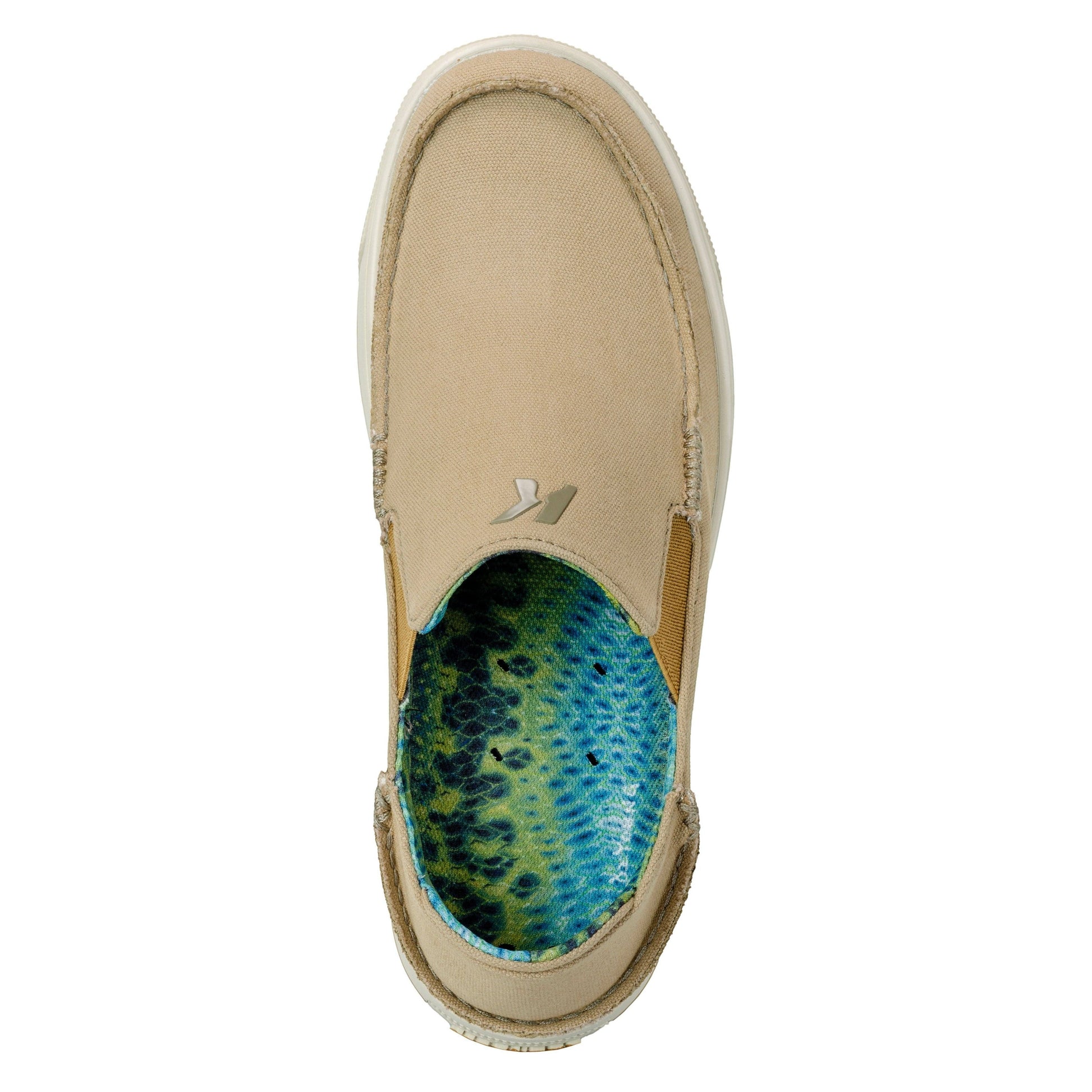 Allen's Bootery Men's tan canvas slip-on boat shoes with a vibrant blue and green fish print insole.