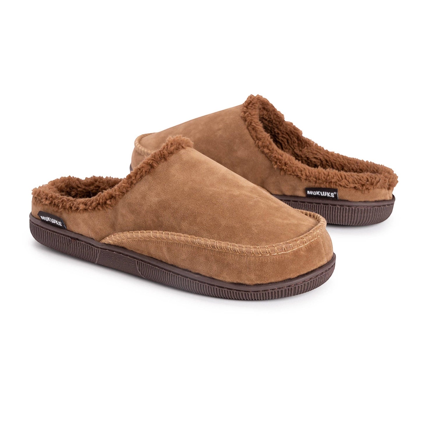 Allen's Bootery MUK LUKS men's tan faux suede clog slippers with warm faux fur lining and durable indoor/outdoor sole.