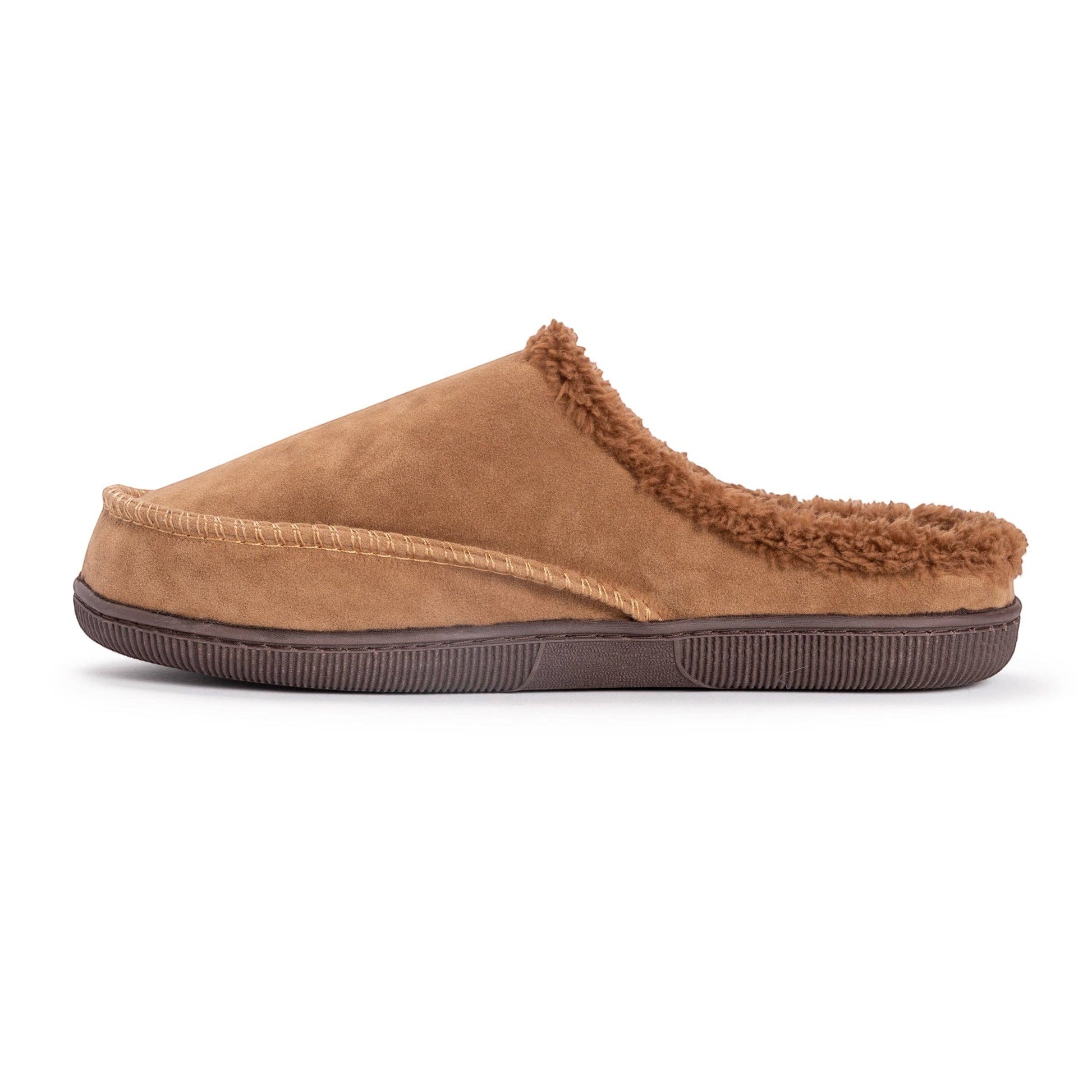 Allen's Bootery men's tan faux suede clog slippers with warm faux fur lining and durable indoor/outdoor sole.