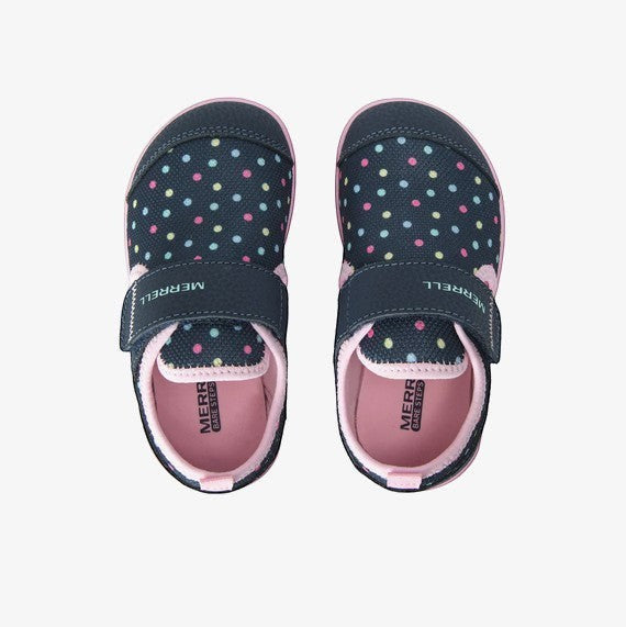 Allen's Bootery Merrell Bare Steps H2O navy toddler water shoes with colorful polka dots and pink trim.