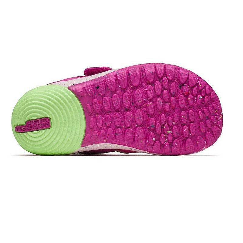 Allen's Bootery Merrell Bare Steps H2O toddler water shoe showing the pink and lime green flexible rubber outsole