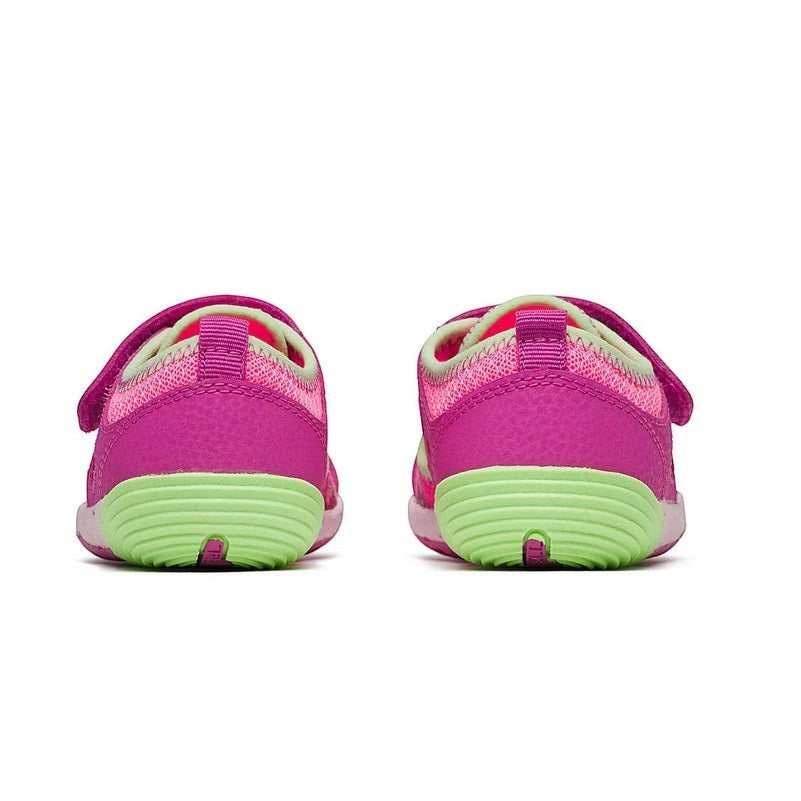 Allen's Bootery Merrell Bare Steps H2O butterfly water shoes for toddlers in pink and lime green with flexible soles.