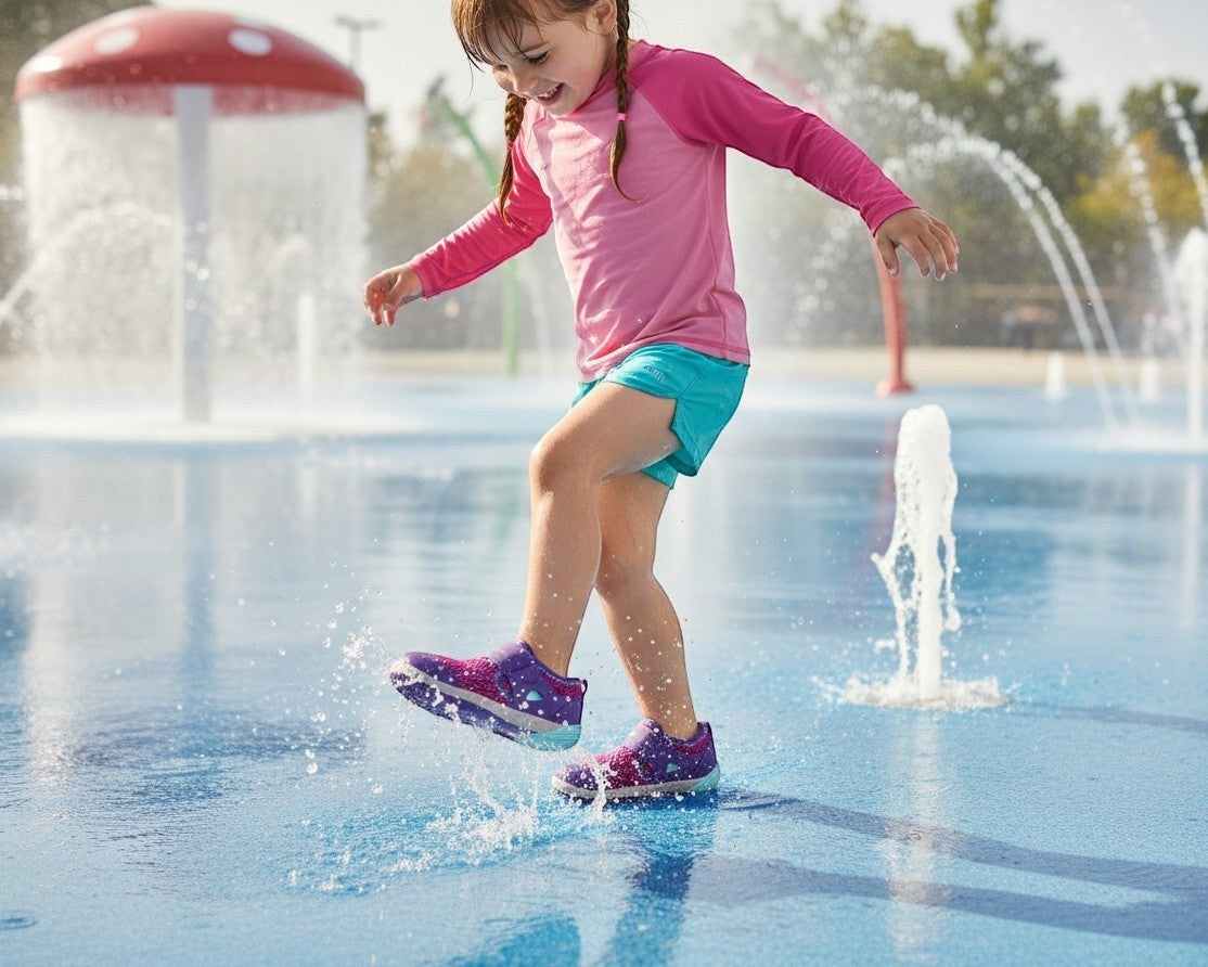 A young girl wearing Allen's Bootery Merrell Bare Steps H2O purple and turquoise water shoes playing in a splash pad.