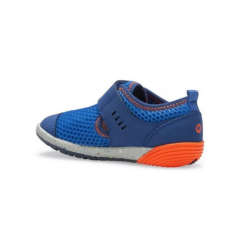 Allen's Bootery Merrell Bare Steps H2O blue and orange toddler water sneaker with flexible sole and velcro closure