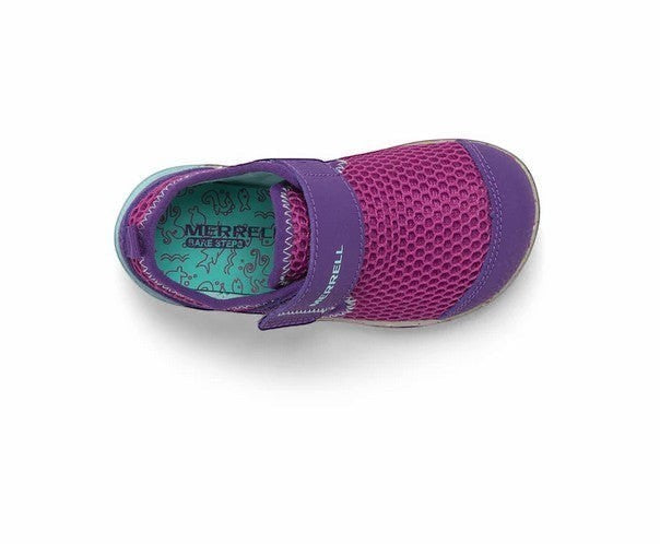 Allen's Bootery Merrell Bare Steps H2O purple and turquoise mesh water sneaker for toddlers with velcro closure
