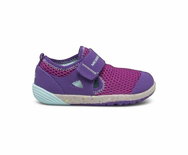Allen's Bootery Merrell Bare Steps H2O purple and turquoise toddler water sneaker with wide toe box and velcro strap