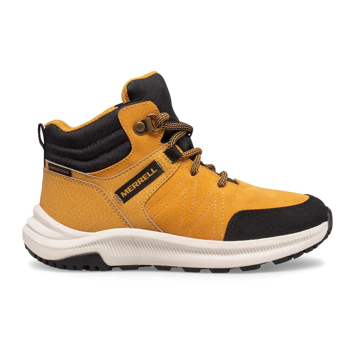 Allen's Bootery Merrell Greylock wheat and black waterproof leather hiking boot for little kids with rubber outsole