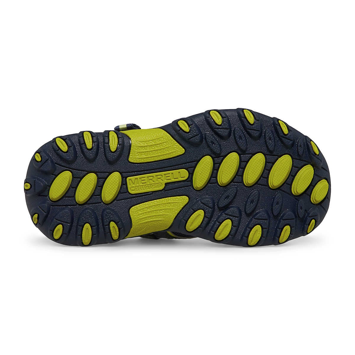 Allen's Bootery Merrell Hydro H2O Hiker sandal outsole in navy and lime with non-marking traction grip pattern