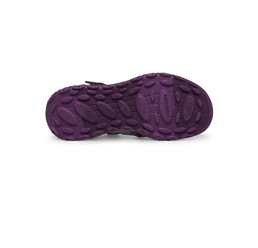 Allen's Bootery Merrell Hydro 2 kids sandal showing the purple non-marking flexible rubber outsole with grip pattern