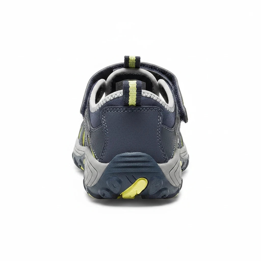 Allen's Bootery Merrell navy and lime leather water sandals for kids with hook and loop closure and grip outsole