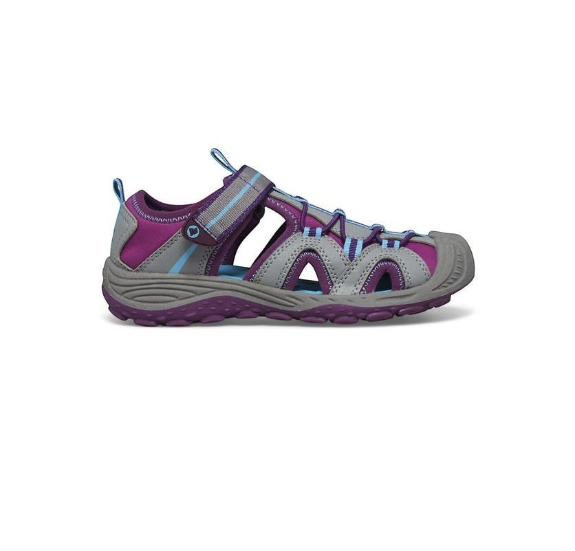 Allen's Bootery Merrell Hydro 2 kids water sandal in grey and berry with hook-and-loop strap and toe bumper.