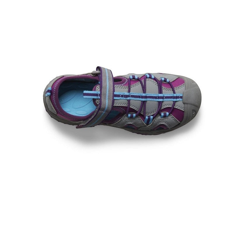 Allen's Bootery Merrell Hydro 2 kids water sandal in grey and berry with blue accents and hook-and-loop strap.