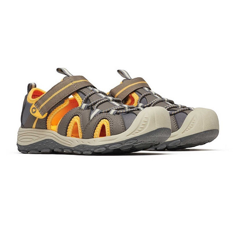 Allen's Bootery Merrell Hydro 2 brown and orange water-friendly closed-toe sandals for little kids with velcro straps.