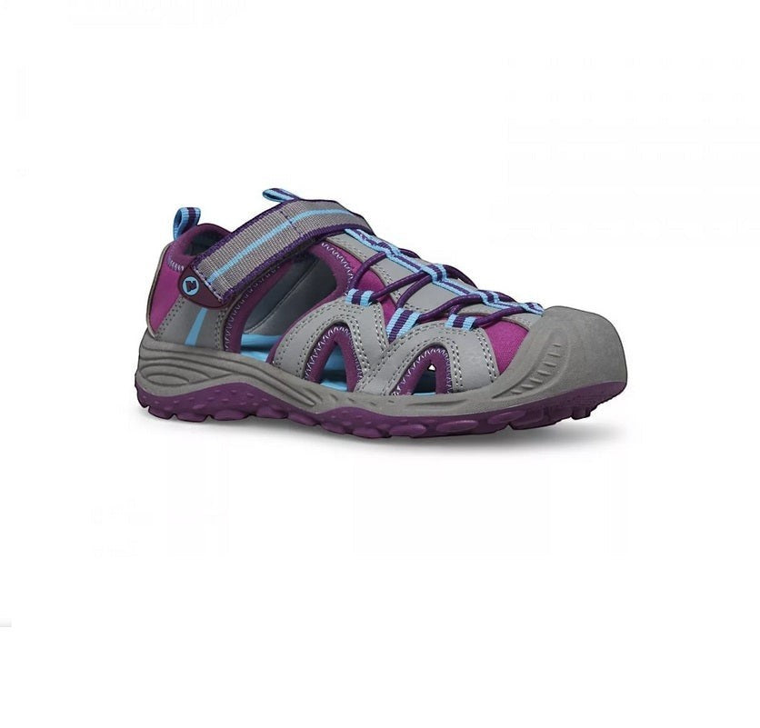 Allen's Bootery Merrell Hydro 2 kids water sandals in grey and berry with hook-and-loop closure and toe bumper.