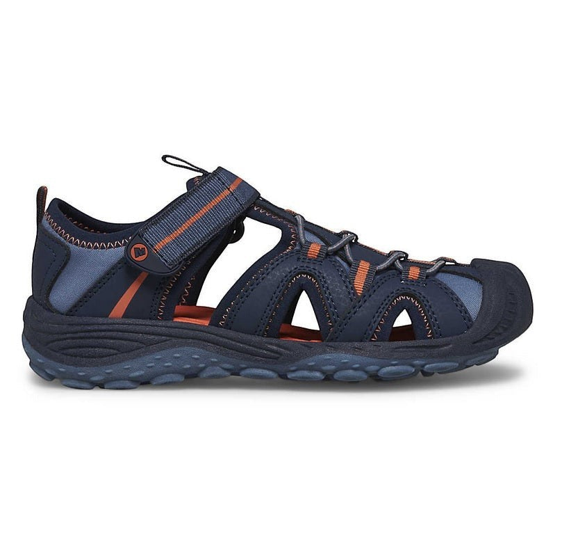 Allen's Bootery Merrell Hydro 2 kids water sandal in navy and orange with a protective toe bumper and velcro strap.