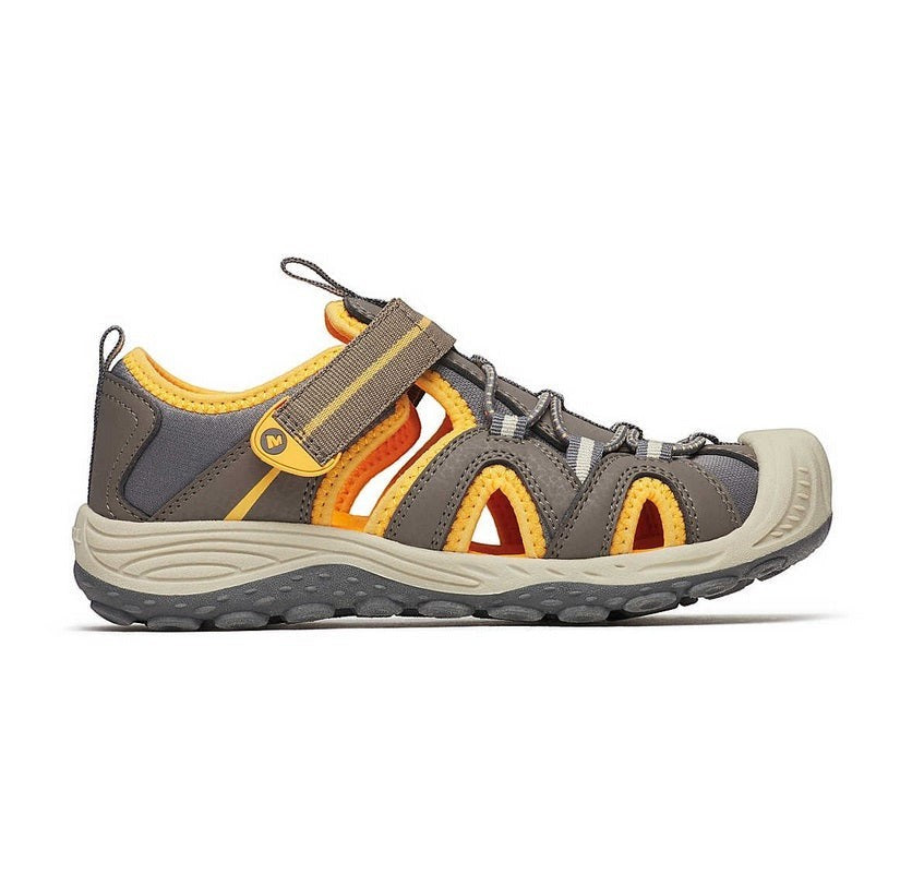 Allen's Bootery Merrell Hydro 2 kids water sandal in brown and orange with a protective toe bumper and strap closure.