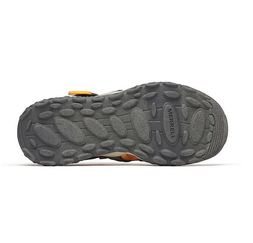 Allen's Bootery Merrell Hydro 2 little kids sandal showing the brown and orange non-marking rubber grip outsole.
