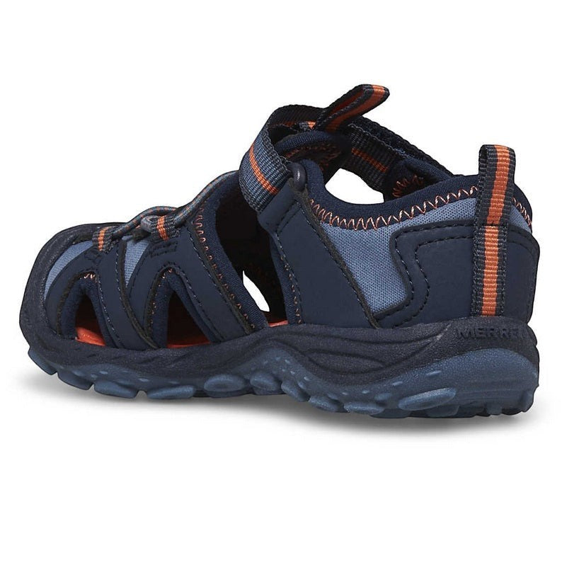 Allen's Bootery Merrell Hydro 2 Jr. navy and orange water-friendly toddler sandal with hook and loop closure.