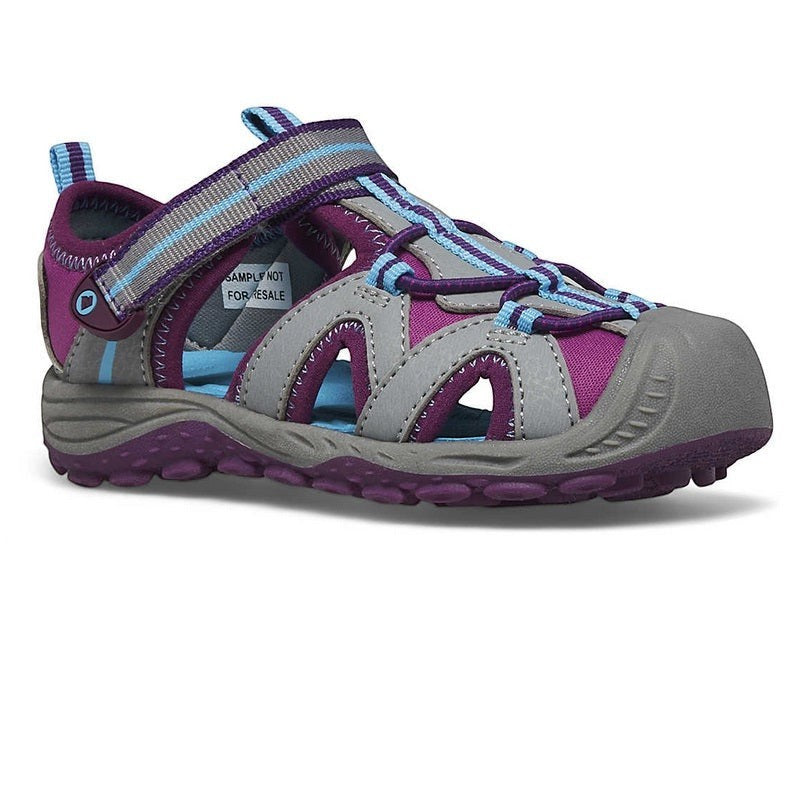 Allen's Bootery Merrell Hydro 2 toddler water sandal in grey and berry with hook and loop closure and toe bumper.