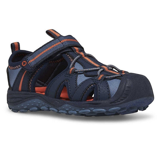Allen's Bootery navy and orange Merrell Hydro 2 Jr. water-friendly toddler sandal with hook and loop closure