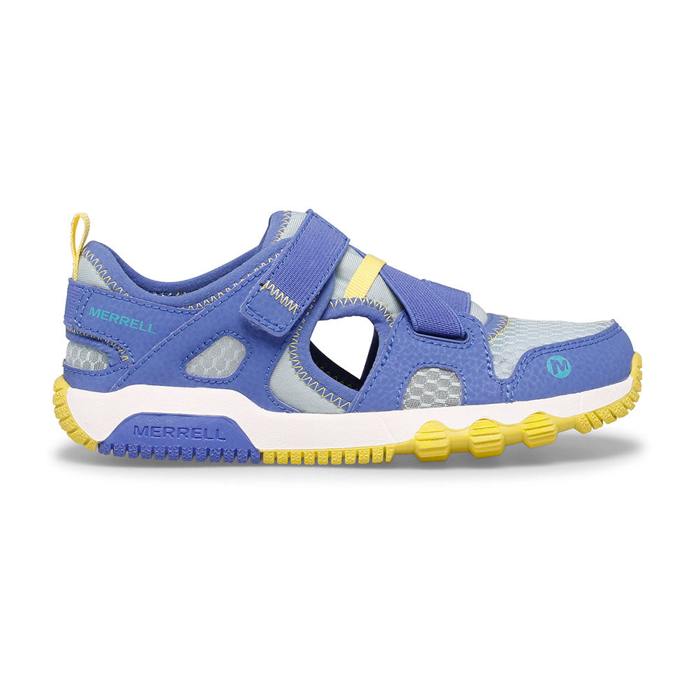 Allen's Bootery Hydro Free water sandal for kids in blue and yellow with cross strap closure and flexible outsole.