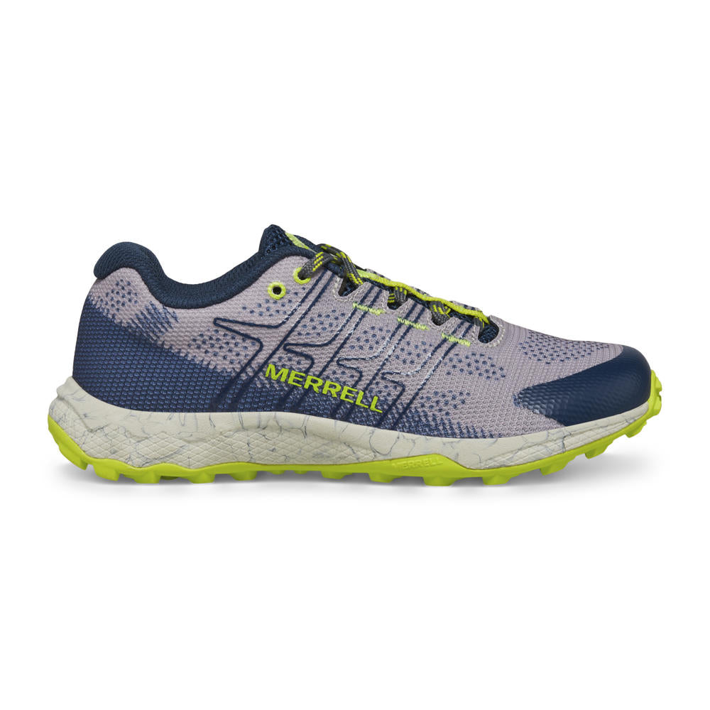 Allen's Bootery kids Moab Flight trail shoe in grey, navy, and citron with a breathable textile upper and EVA midsole.