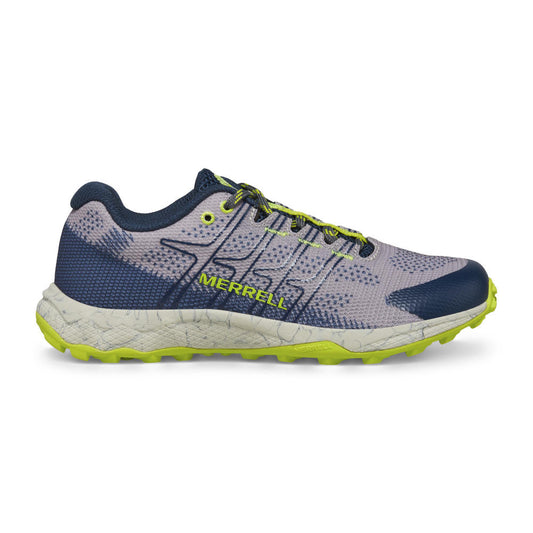 Allen's Bootery kids Moab Flight trail shoe in grey, navy, and citron with a breathable textile upper and EVA midsole.