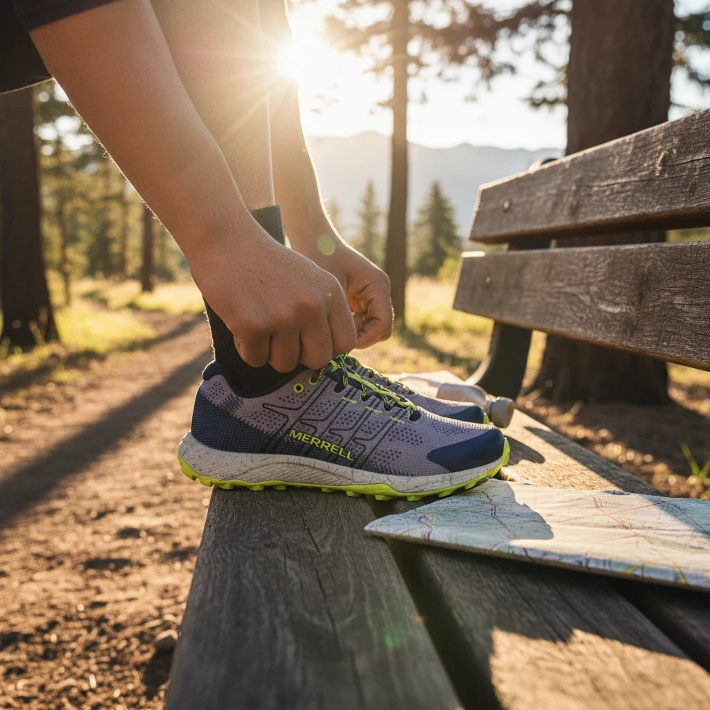 Allen's Bootery Moab Flight kids trail shoe in grey, navy, and citron with toggle closure on a park bench at sunset.